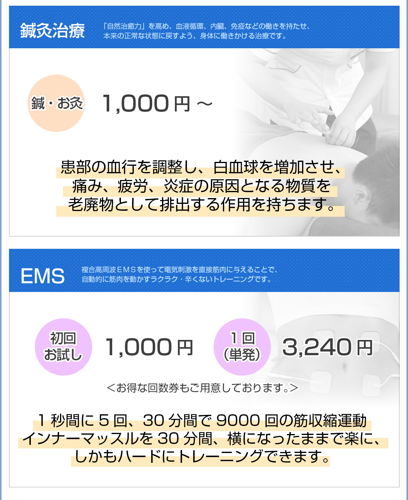 鍼灸治療とEMSの料金表