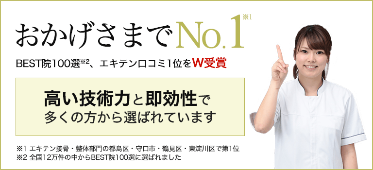 おかげさまでNo.1!BEST治療院100選・エキテン口コミ接骨・整体部門で第1位をW受賞